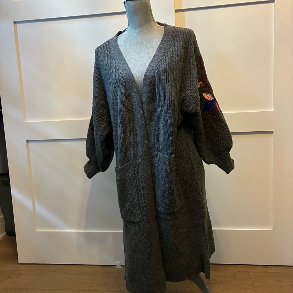 Gray Knit Cardigan with Floral Sleeves, L